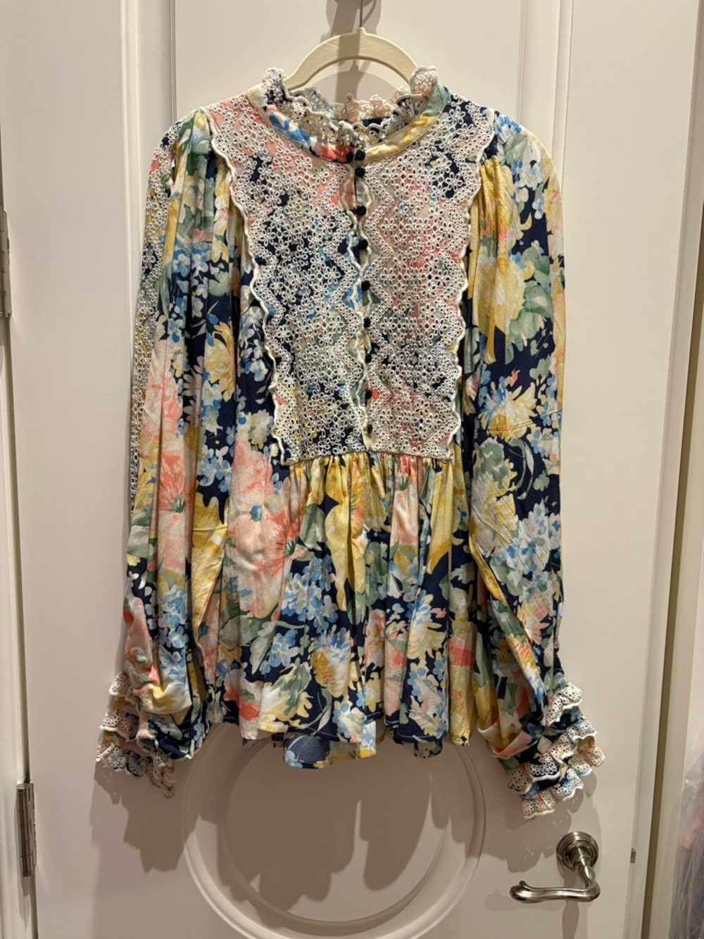Lace-Front Floral Peasant Blouse in Navy Multi